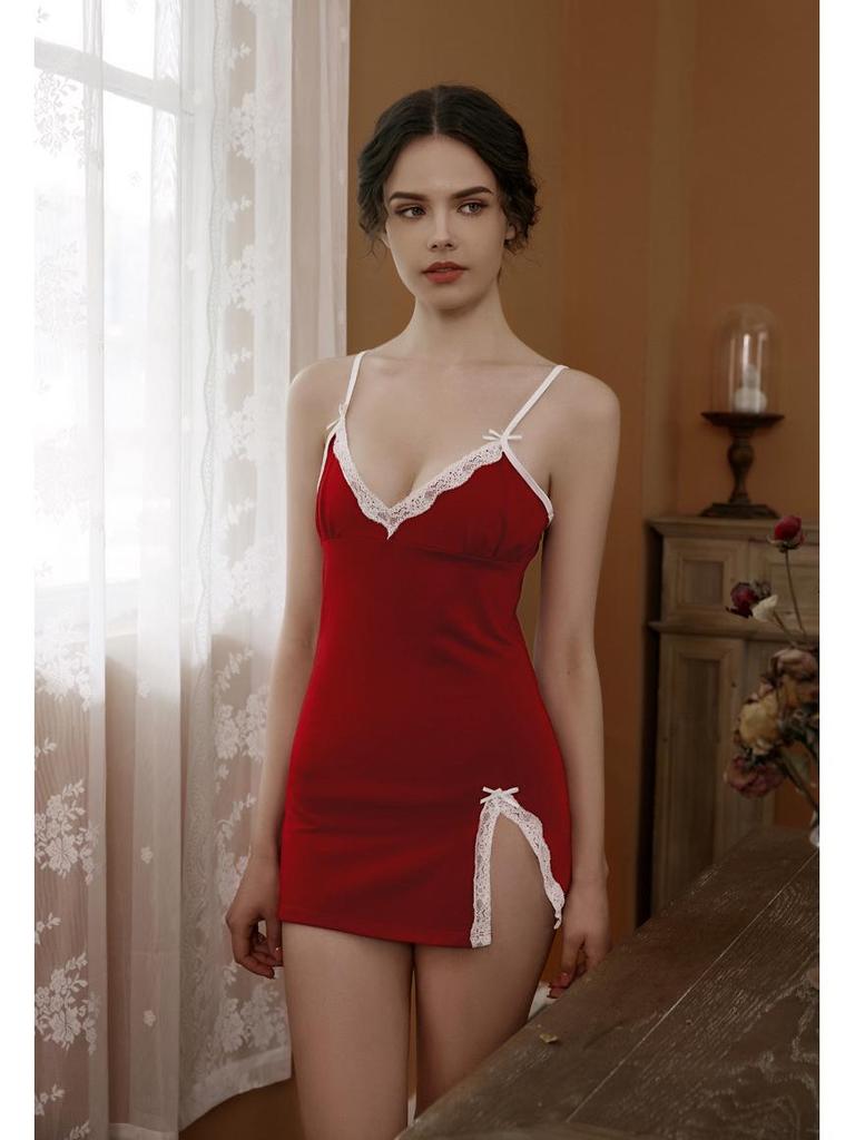 Lace-Trimmed Cotton Pajama Set with Camisole, Panties & Side-Slit Nightgown