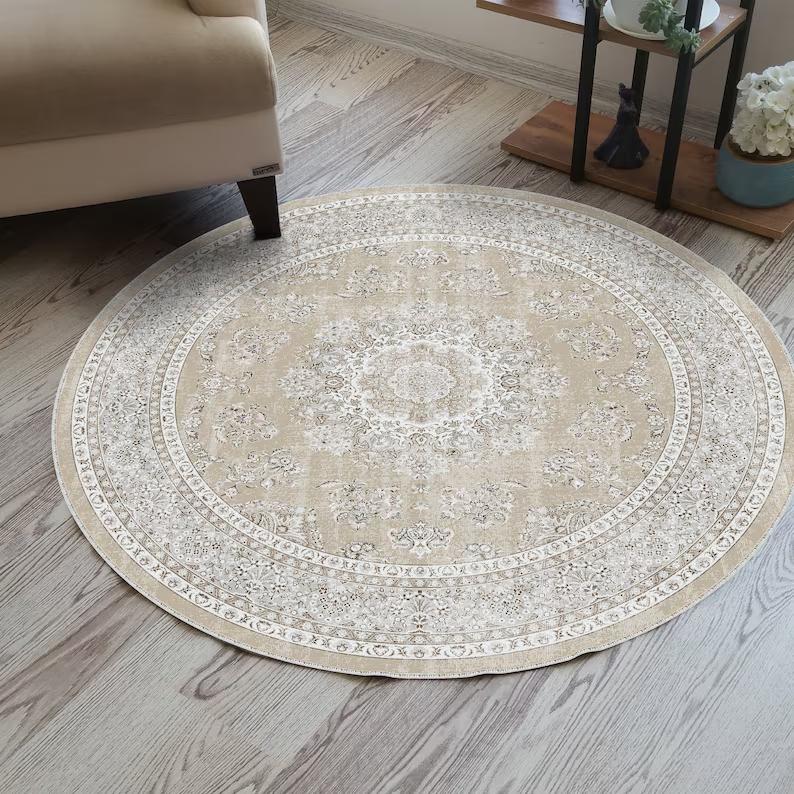 Beige Vintage Distressed Persian Medallion Round Rug Non Slip Washable Mat For Farmhouse Living Room