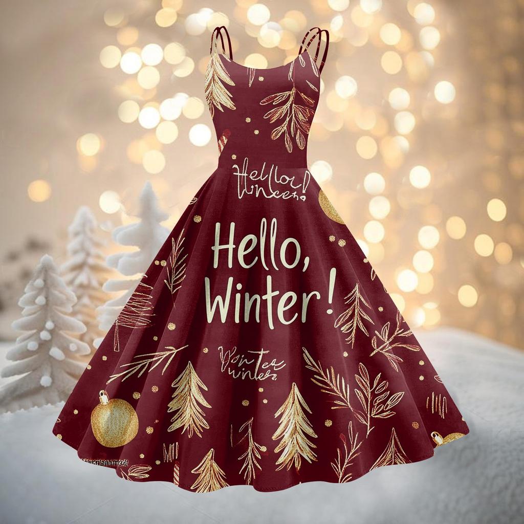 Women's Fashion Christmas Printed Sexy Strapless Gothic Cocktail Dress Punk, Vintage Dress