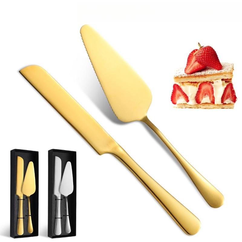 2PCS Stainless Steel Pizza Knife Wedding Birthday Potluck Cake Knife Shovel Baking Set Cut Toast Serrated Bread Knife