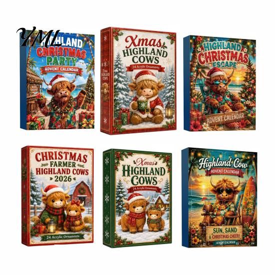 Christmas Advent Calendar for Cat Lovers Highland Cow Calendars 2026, 2D Acrylic Ornaments, 24 Days Cute Cartoon Countdown with Collectible