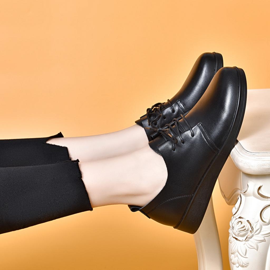 Round Head Small Leather Shoes Women's Spring New First-layer Cowhide Lace-up Flat Shoes Single Shoes Four-season Shoes