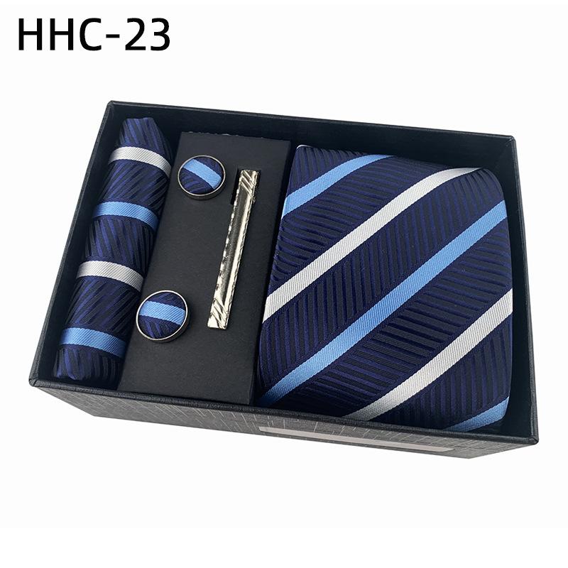 Men'S Striped Flower Plaid Tie Square Towel Cuffs Tie Clip Gift Box Set Business Casual Tie Black