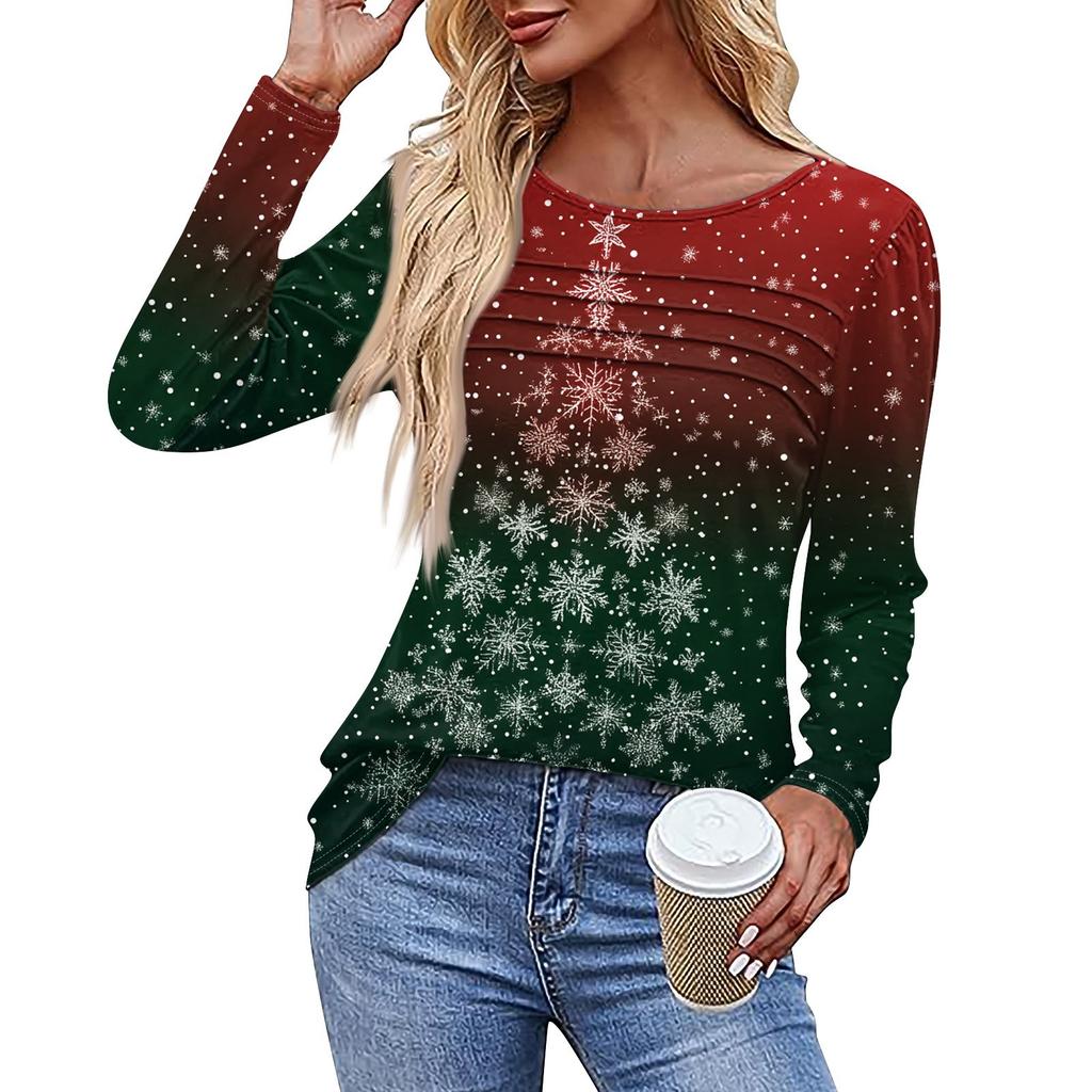Ladies' Casual Fashion Printed Round Neck Long Pleated T-shirt Top Christmas