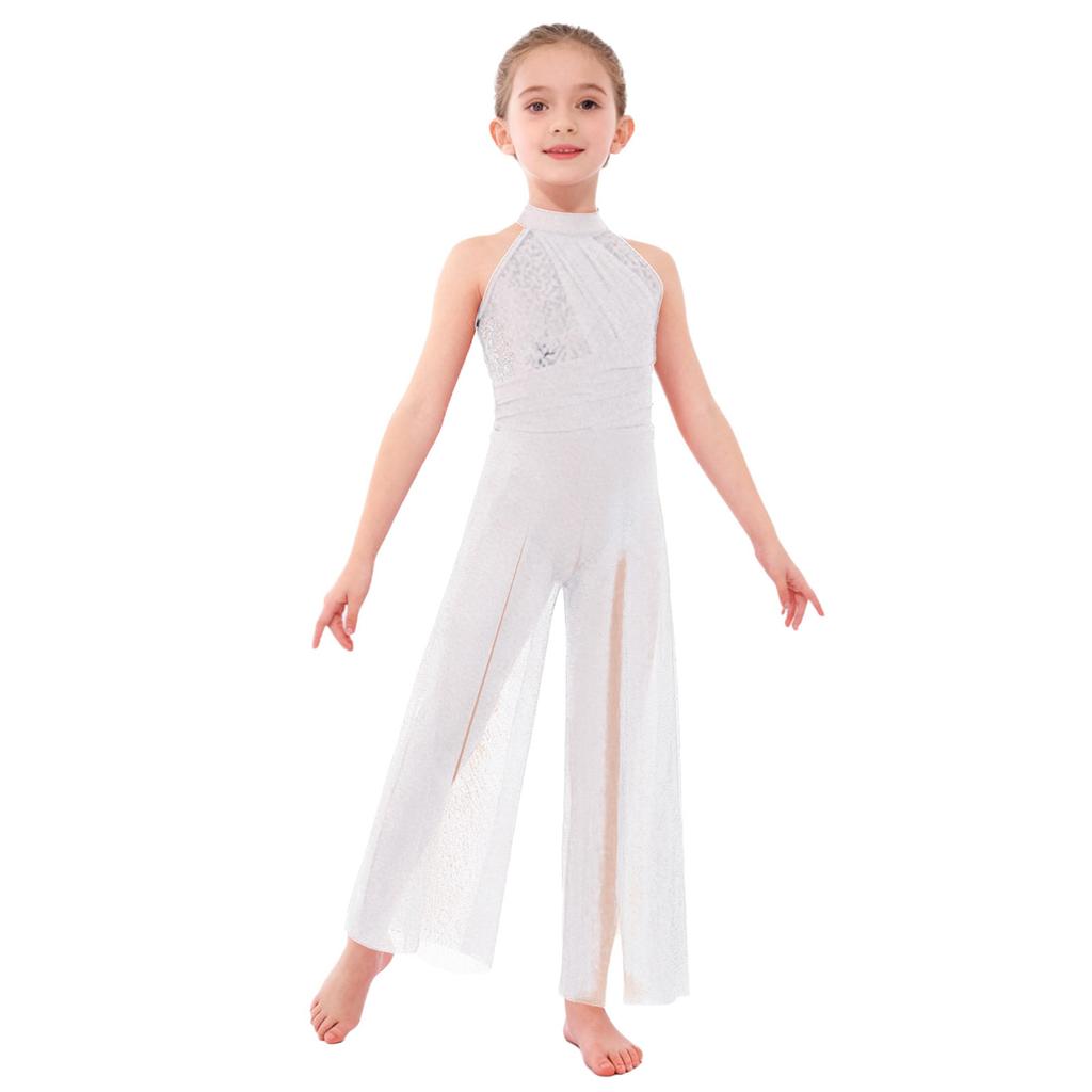 Женский комбинезон без рукавов с воротником-стойкой, перекрещивающимися бретелями на спине, блестящими пайетками, сетчатыми вставками и широкими штанинами, для лирического танца