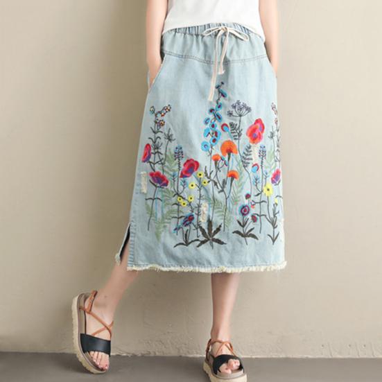 Женская юбка миди с эластичным шнурком на талии, вышитым цветочным узором, джинсовая юбка с карманами, боковые разрезы по низу юбки