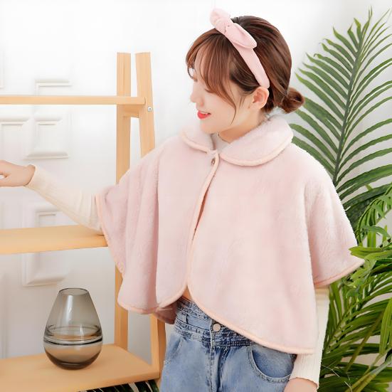 Yousheng Winter Short Shawl Buttoned Lapel Collar Imitation Lamb Wool Solid Color Windproof Warmth Oversized Shawl