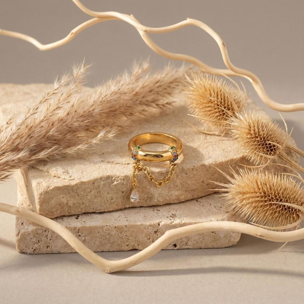 18k Gold Plated Tassel Ring High Polished Zircon Ring Luxury Pendant Ring Women