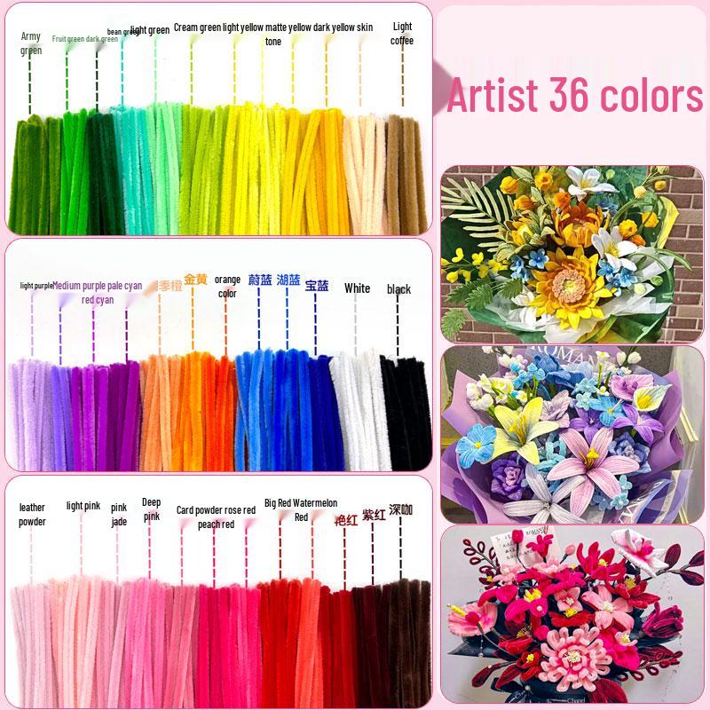 Thickened White Chenille Pipe Cleaners - Mixed Colors for DIY Bouquet Crafts