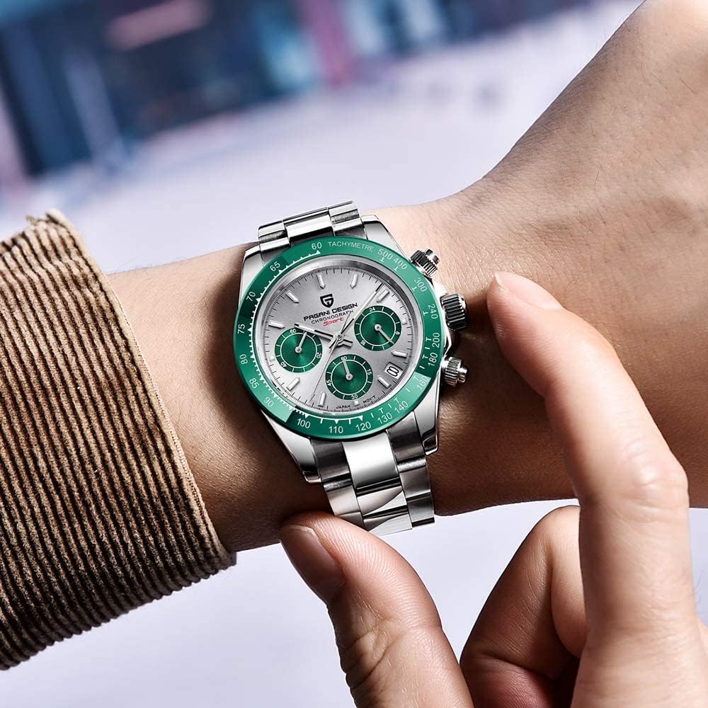 Мужские часы Pagani Design с кварцевым механизмом Seiko, хронограф, водонепроницаемые, с керамическим безелем, на стальном ремешке, зеленые