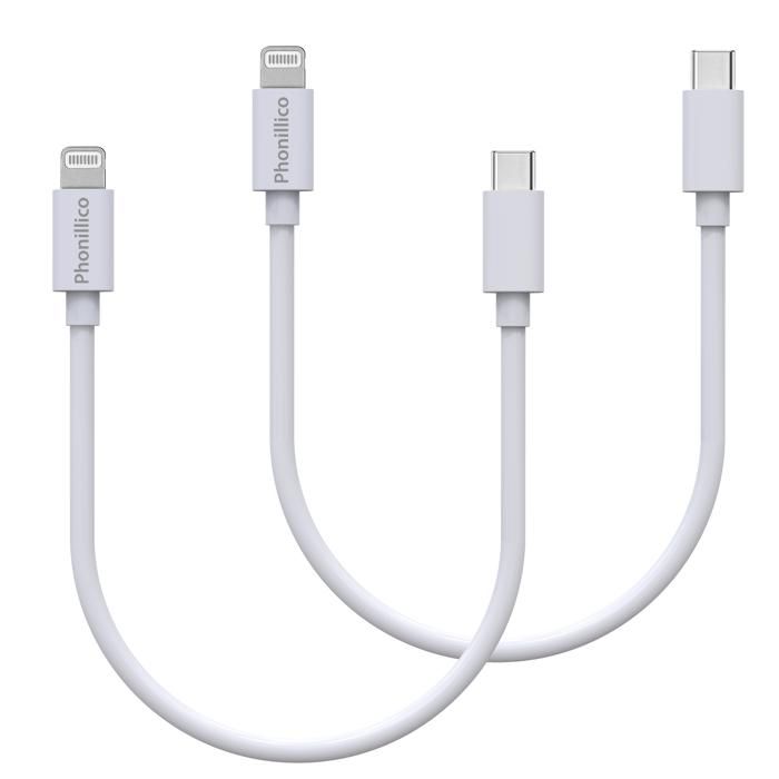 Lot 2 Cables 20cm USB-C Lightning Chargeur Blanc pour iPhone 14 / 13 / 12 / 11 / SE / X / XR / 7 / 8 / 6 / 5 / AirPods Phonillico