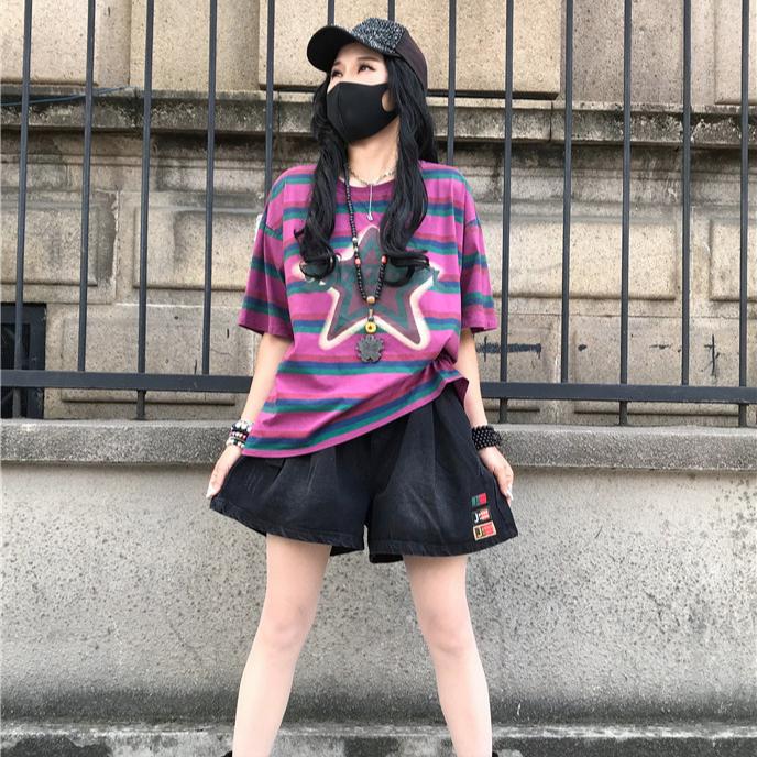 DIMANAF 2025 Летняя футболка женская с принтом звезд в полоску с коротким рукавом свободная черная