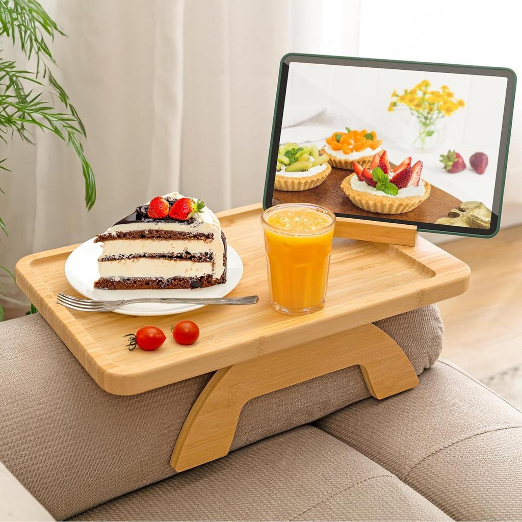 1pc Non-slip Bamboo Wood Sofa Tray, Bamboo Sofa Gripper Table for Wide Sofa Arms, Foldable Sofa Tray with 360° Swivel Mobile Phone Holder