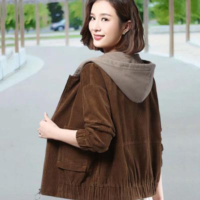 Осень-весна Женская вельветовая куртка с накладными карманами и капюшоном, свободные эластичные манжеты в цветных блоках