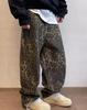Unisex Tan Leopard Jeans Denim Pants Women Oversize Wide Leg Trousers Streetwear Hip Hop Vintage Loose Casual Animal Print