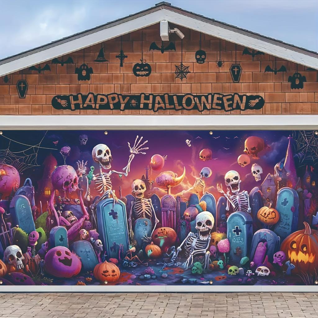 Halloween Garage Banner - Ghost Skull and Tombstone Pattern Suitable for Outdoor Celebrations and Party Decoration
