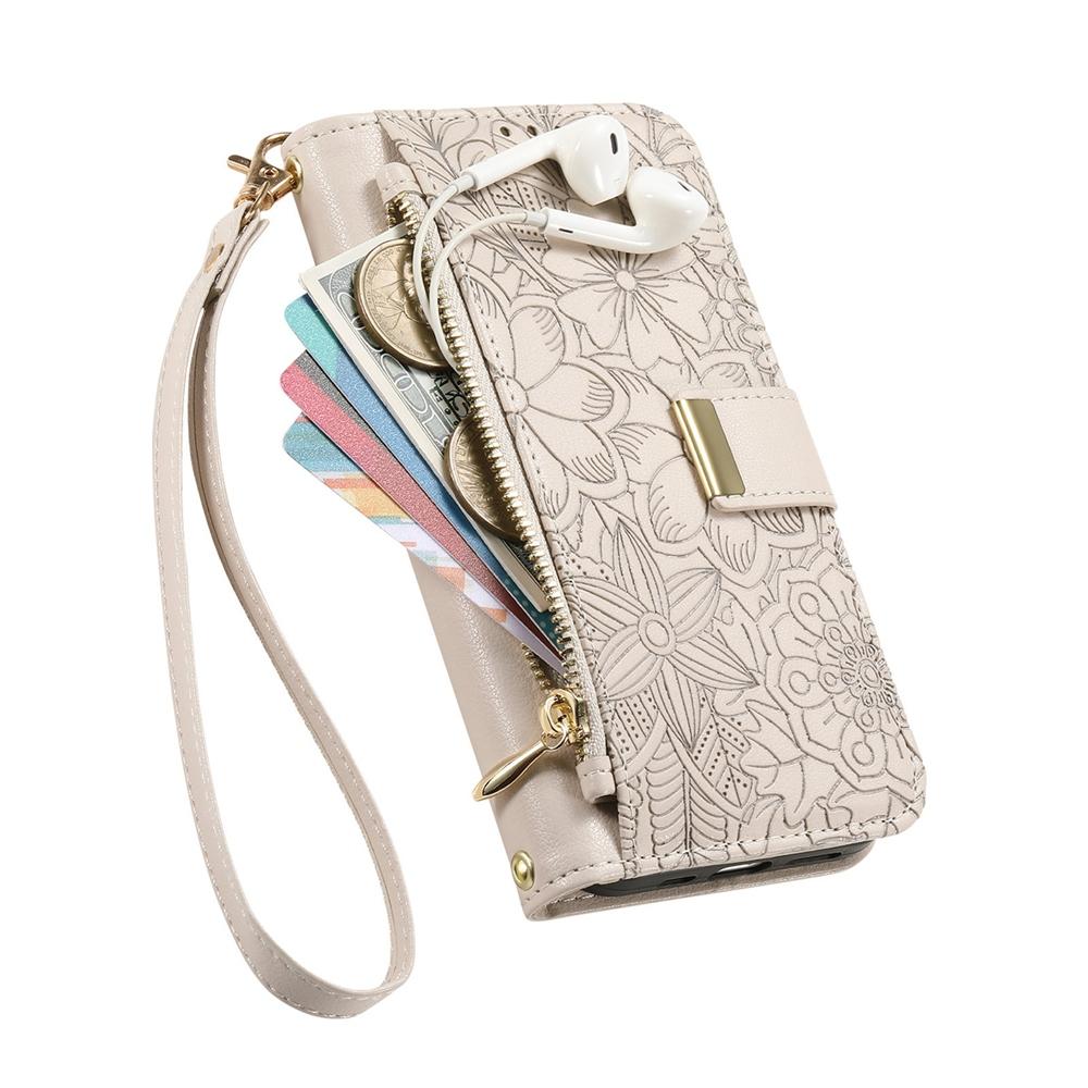 Чехол-кошелек для телефона с 6 отделениями для карт, карманом на молнии для монет, подставкой для просмотра без рук и ремешком на запястье, цветочный дизайн для iPhone / Samsung