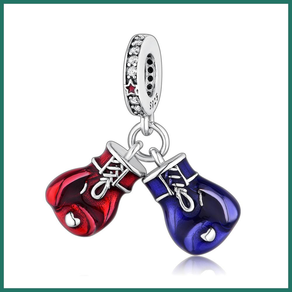 S925 Silver Red And Blue Boxing Glove Pendant Power Bead Bracelet Necklace DIY Handmade Craft Accessories Loose Beads