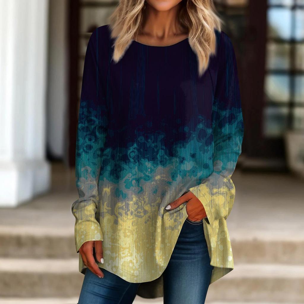 Женская повседневная футболка больших размеров с длинным рукавом и круглым вырезом в стиле ретро, ​​пуловер