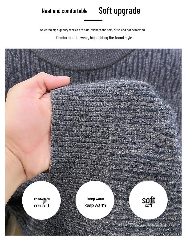 Men's Ferret Velvet Knit Fleece Pullover: Warm Round Neck Casual Fashion Base Layer Sweater