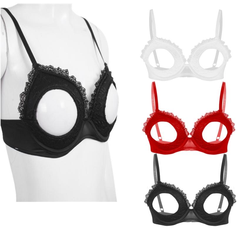 Womens Sexy Open Nipples Lingerie Lace Trim Hollow Out Adjustable Straps Bra Tops