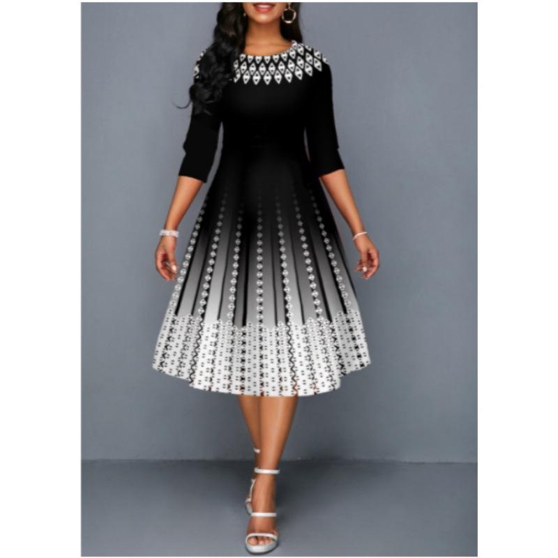 JPNTKY Женская мода лето весна однотонный принт рукав 2/1 О-образный вырез повседневные платья