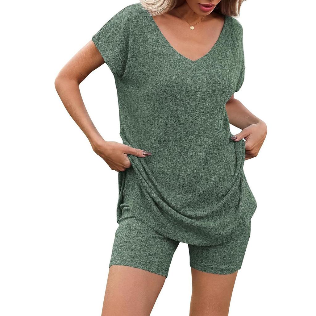 Женский летний комплект из двух частей с шортами, трикотажный домашний спортивный костюм с V-образным вырезом