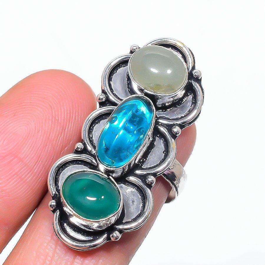 Швейцарский голубой топаз, Аквамарин Кольцо ручной работы из серебра 925 пробы Размер 7.5 I3o14