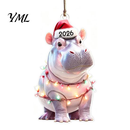 Decorative Animal Figurines for Home Christmas Hanging Ornaments with Lanyard, Cute Double Sided Pendant 2026 Themed Holiday Decorations Santa Hat, 2D