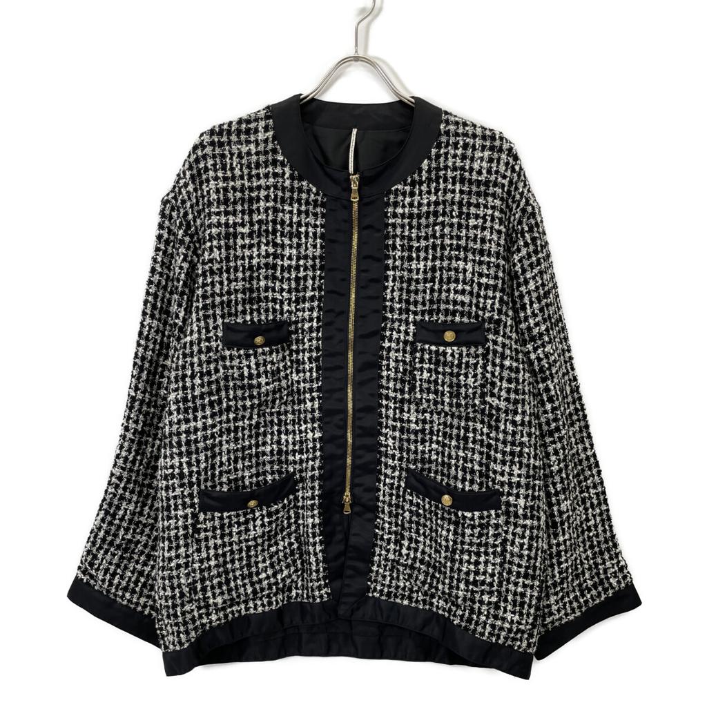 M's braque 2225702D Черно-белый твидовый жакет без воротника на молнии ML Черный Белый Б/у