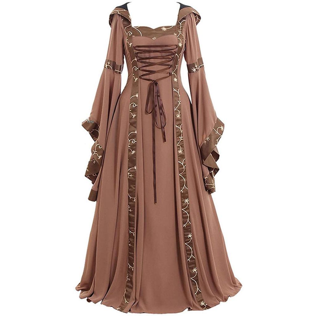Medieval Retro Hooded Dress with Square Neck, Lace-Up Detail, and Bell Sleeves