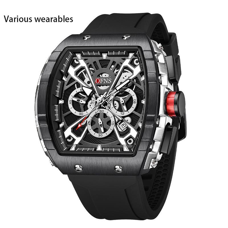 Quartz Watch Trendy Barrel-shaped Men's Watch Three-eye Six-pin Multi-function Quartz Watch Calendar Fashion Watch