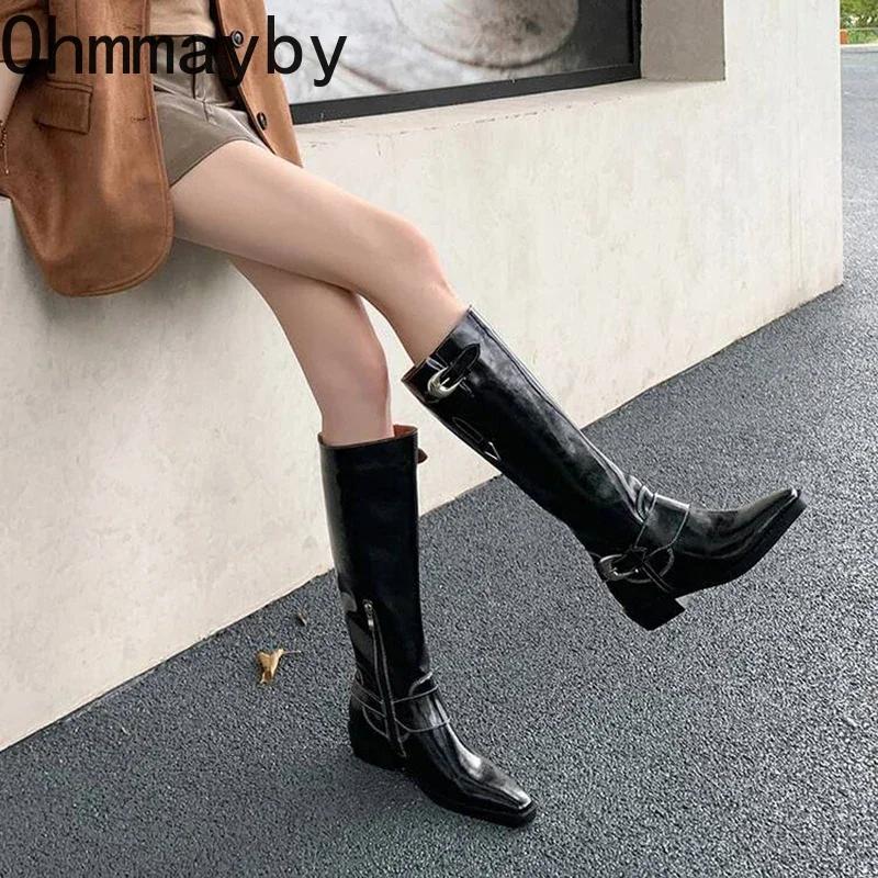 Модные женские сапоги в стиле вестерн, модные туфли с пряжкой на поясе в стиле ретро, осень-зима, дамские длинные сапоги в стиле рыцаря