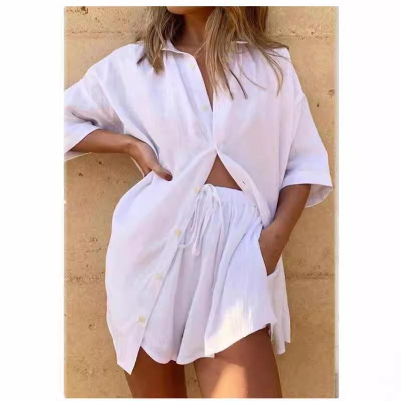 Women Solid Color Short Sleeve Shirt Shorts Casual Set
