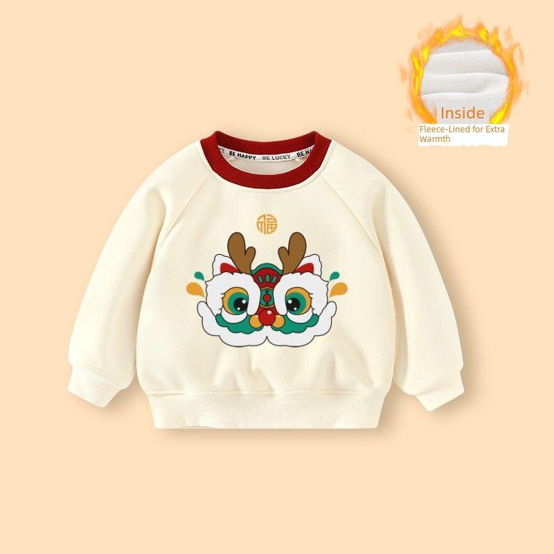 Baby Sweatshirt with Fleece Lining, Warm Top for Boys and Girls, Red, New Thickened Fleece-Lined Children's Base Layer for Autumn and Winter