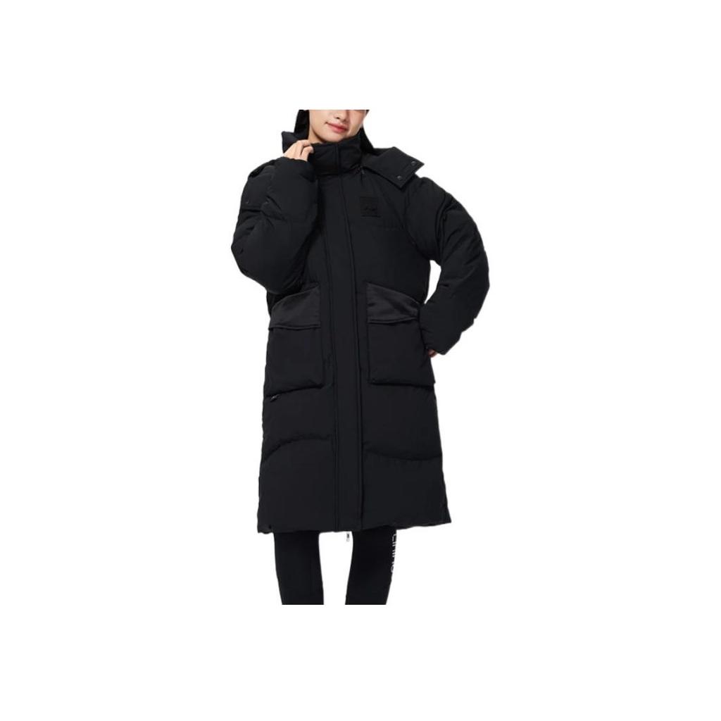 Li Ning Sports Trend Series однотонный логотип вышитый скрытый молния капюшон длинный пуховик женская верхняя одежда черный AYMS074-3