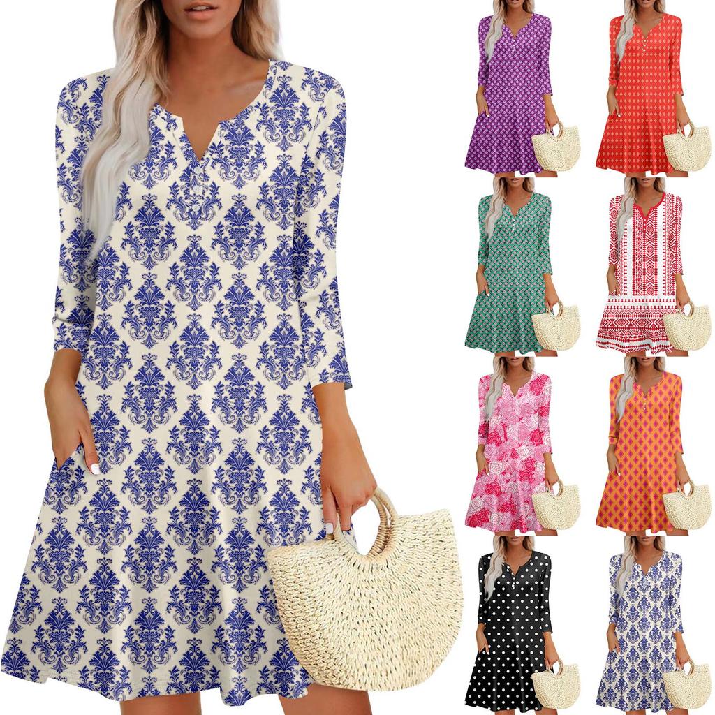 Women's Summer Dress Loose V Neck Three-quarter Sleeve Sundress With Pockets Dress