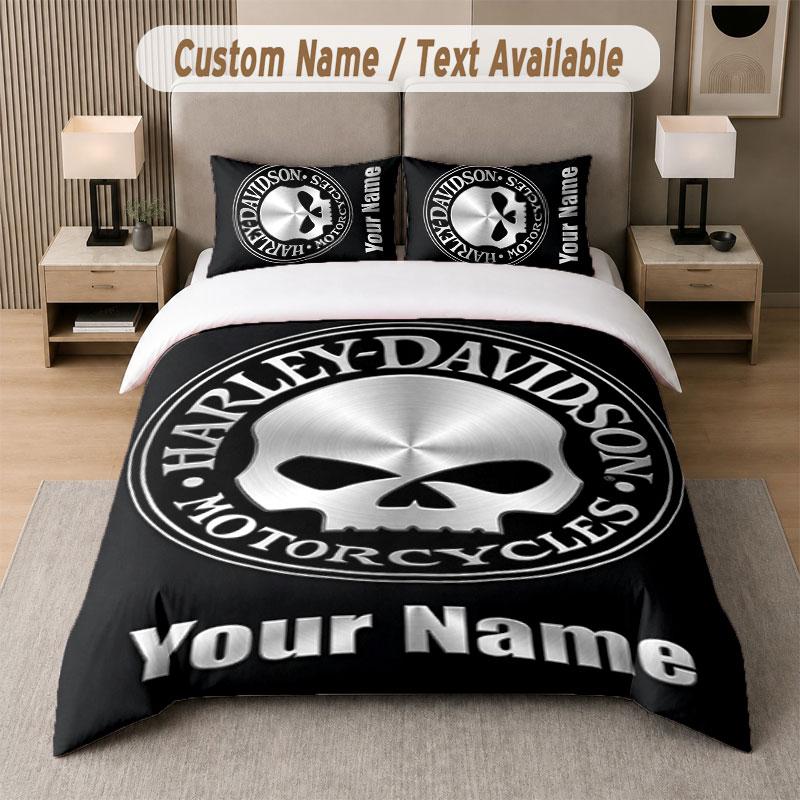 Custom Bedding Set Harley-Davidson Pattern, Print Name Text 1 Duvet Cover plus 2 Pillowcases Home Textile