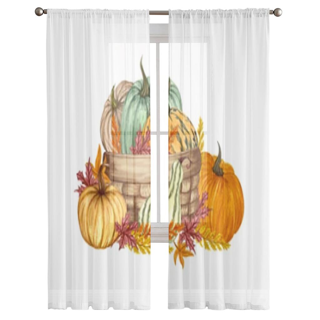 Floral Pumpkins In A Basket Sheer Window Curtains For Living Room Bedroom Modern Voile Tulle Curtains Fabric Drapes For Kitchen