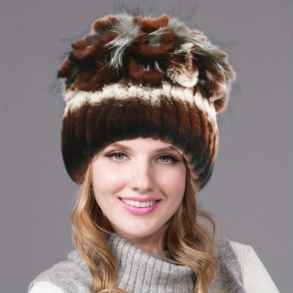 Winter Premium Rabbit Fur Beanie Hats Genuine Rabbit Fur Caps Women Winter Fur Rex Rabbit Knitted Hats Warm Beanie Caps