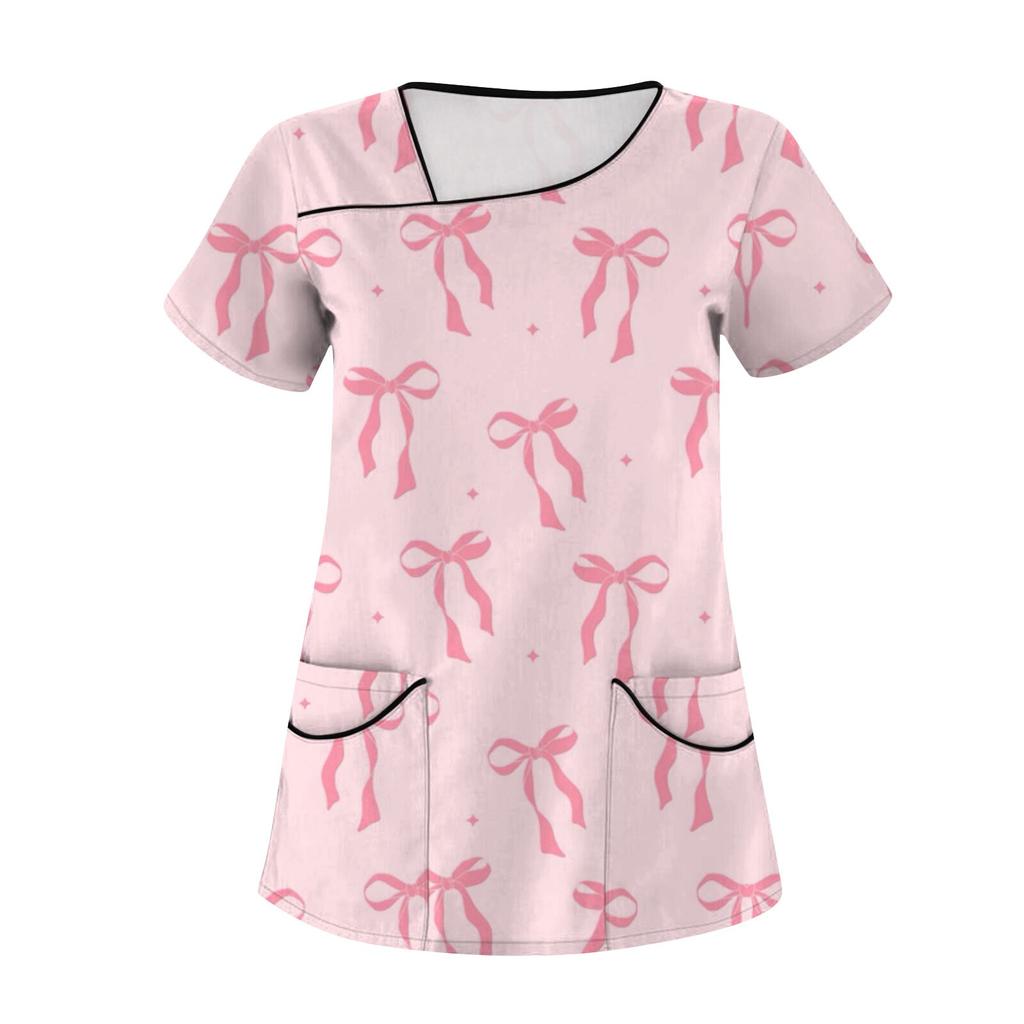 Женская мода с бантом и принтом, короткий рукав, рабочая одежда с двойными карманами