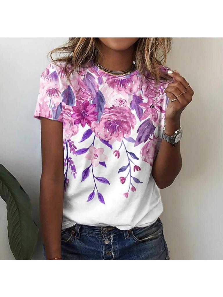 Летняя женская уличная модная футболка с цветочным принтом 3D с коротким рукавом, повседневная универсальная свободная футболка с круглым вырезом, женская одежда