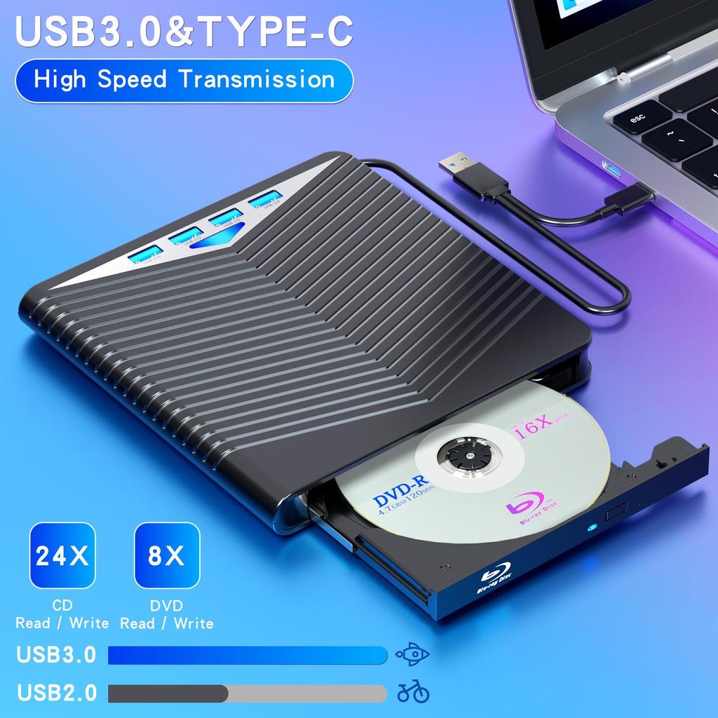 Высокоскоростной многофункциональный внешний DVD-резак Blu-ray USB/Type-C для ноутбуков, мобильных устройств и настольных компьютеров