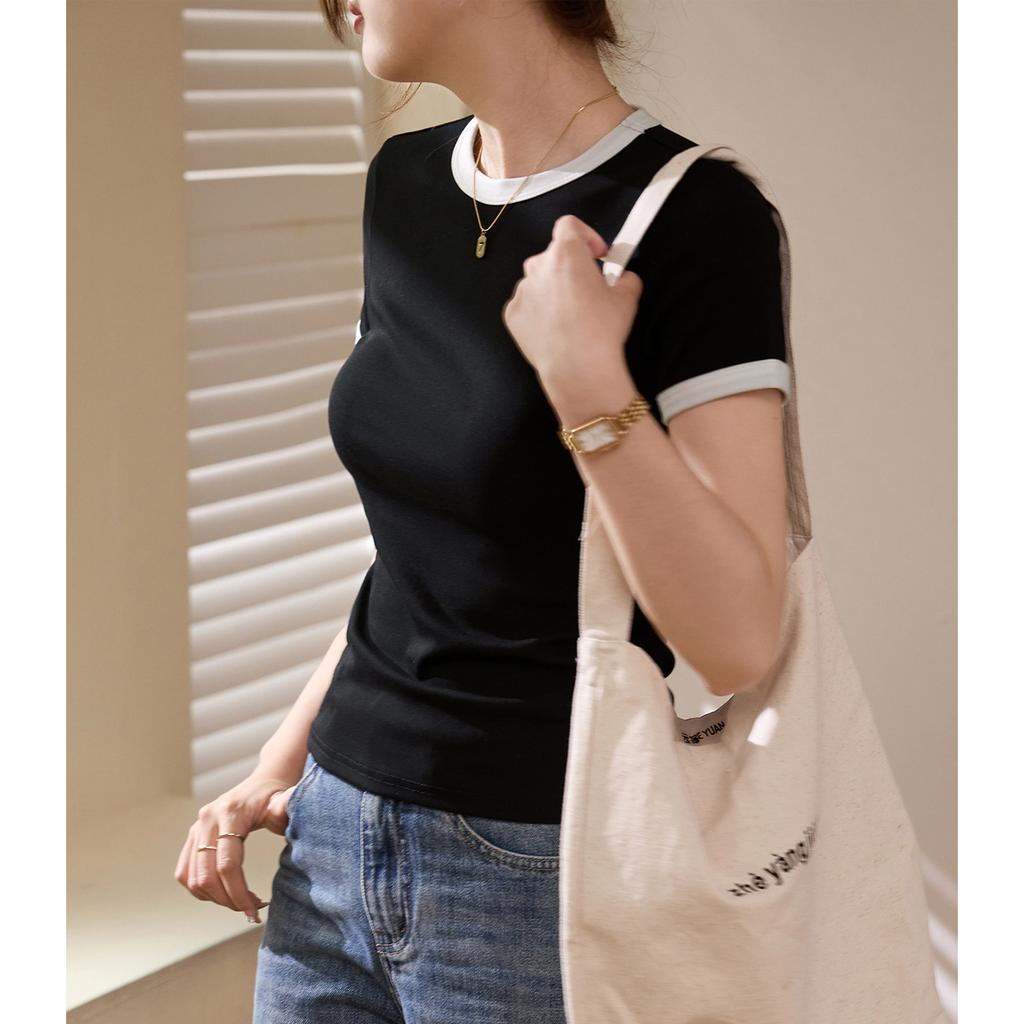 Контрастная цветная ретро повседневная футболка женская летняя новая облегающая универсальная рубашка с короткими рукавами