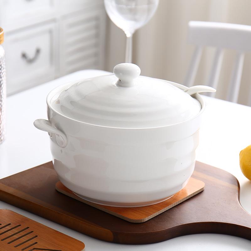 Керамический набор суповых тарелок с двумя ручками и крышкой - Безопасно для микроволновой печи, Включает большую ложку и супницу, Чисто-белый, Креативный дизайн (8 мисок)