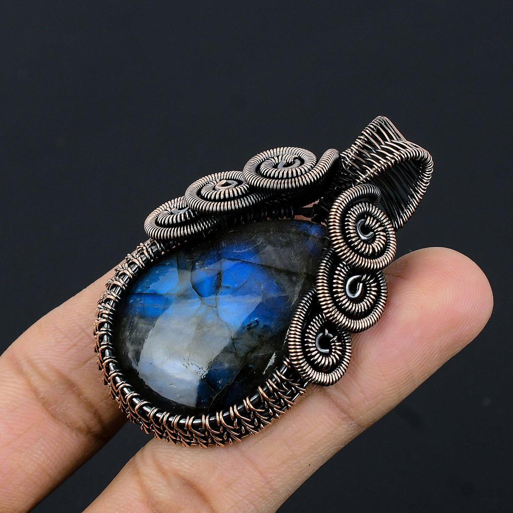 Подвеска ручной работы из лабрадорита с голубым отблеском, украшения из натуральных драгоценных камней, подвеска, обернутая медной проволокой 999 пробы, для подарка