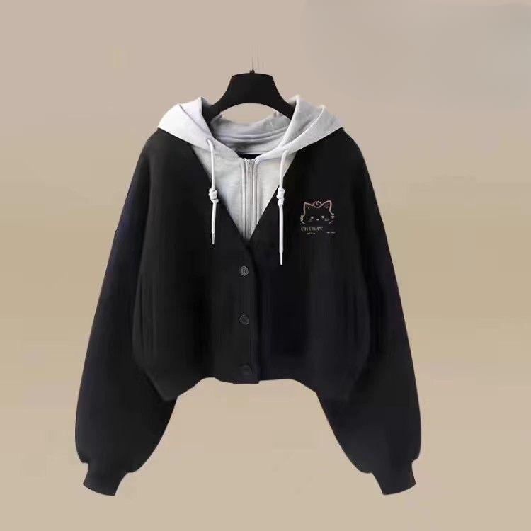 Женский спортивный костюм весна-осень, комплект из двух предметов, элегантный корейский поддельный костюм из толстовки с капюшоном и повседневных брюк, комплект брюк для девочек