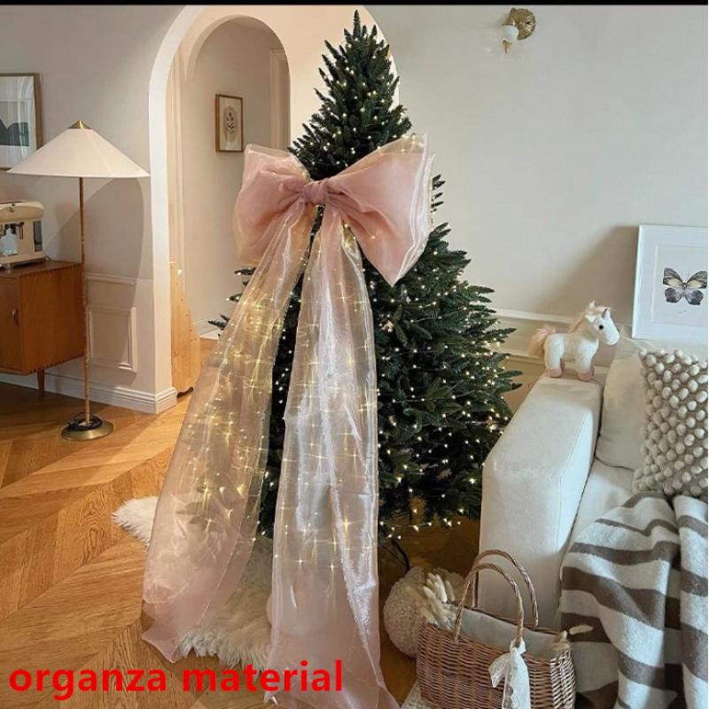 Pink Organza Lighted Christmas Tree Bow Topper Large Holiday Tree Decoration Elegant Xmas Home Party Decor Accessory
