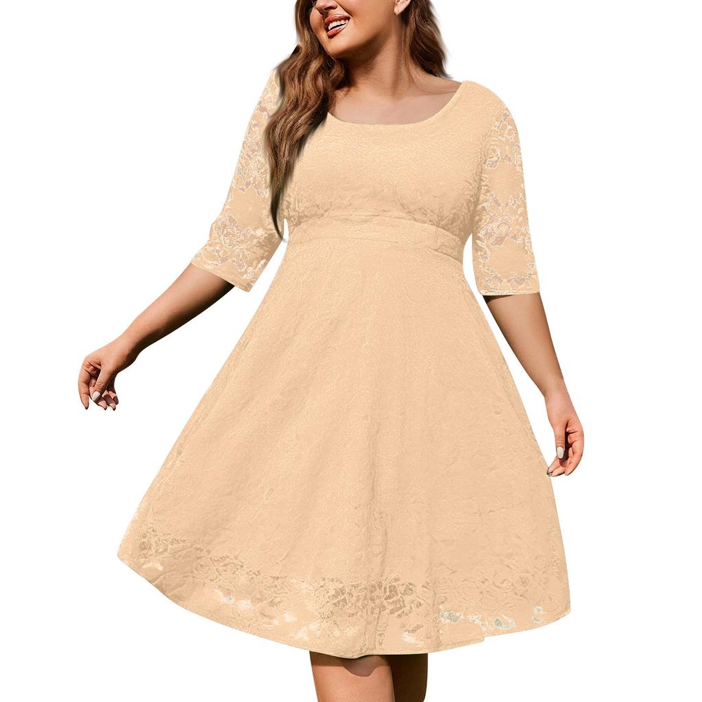 Women's Temperament Three-quarter Sleeve Lace Casual Solid Color O-Neck Plus Size Dress