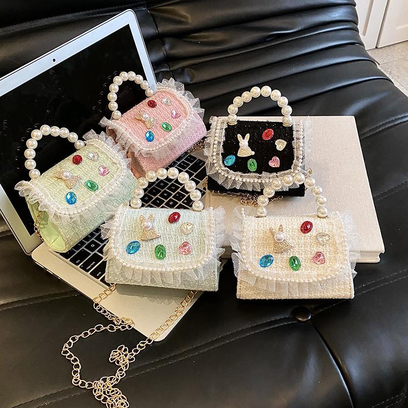 Chic And Fashionable Kids Handbag Featuring Cute Lace And Rhinestones For Girls